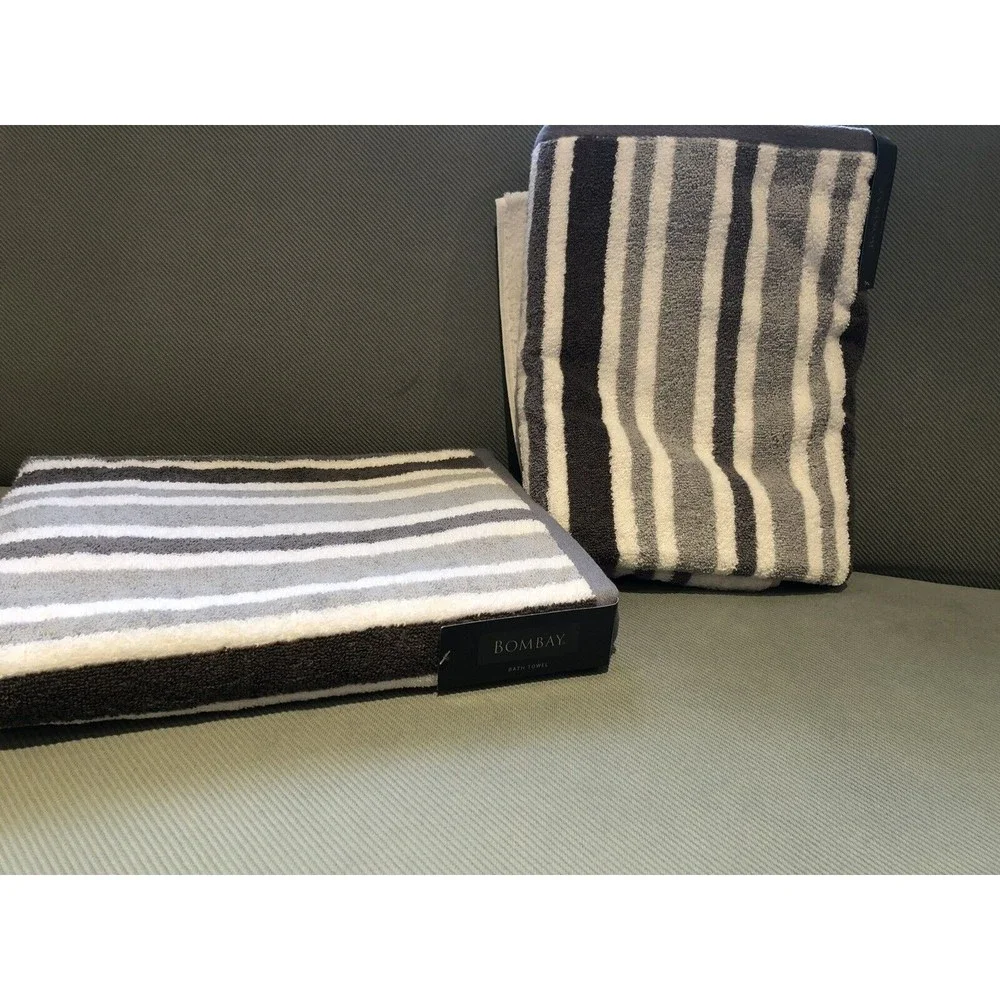 Bombay Bath Towels 2PC Gray White Stripes 100% Cotton Made In India New
